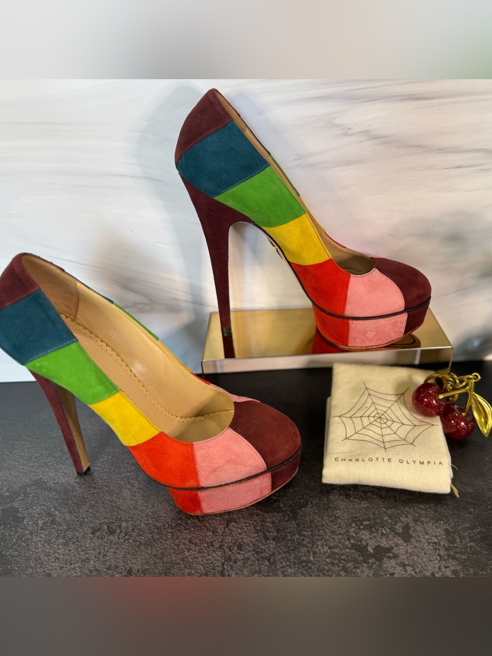 Charlotte Olympia Rainbow Suede Platform Pumps Heels, Size 38